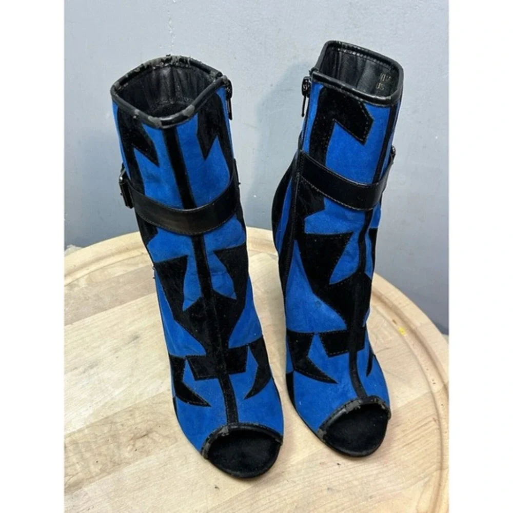 Mimoza Blue Black Geometric Patchwork Peep Toe Stiletto‎ Ankle Boots Mens 7.5